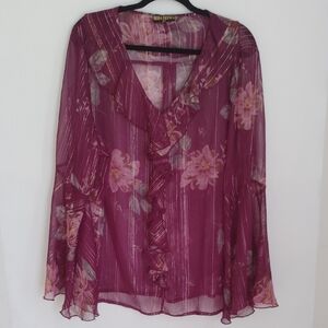 Moda Fresca Womens Sheer Metallic Floral Ruffle Trim Top Sz 2X Ethereal Romantic